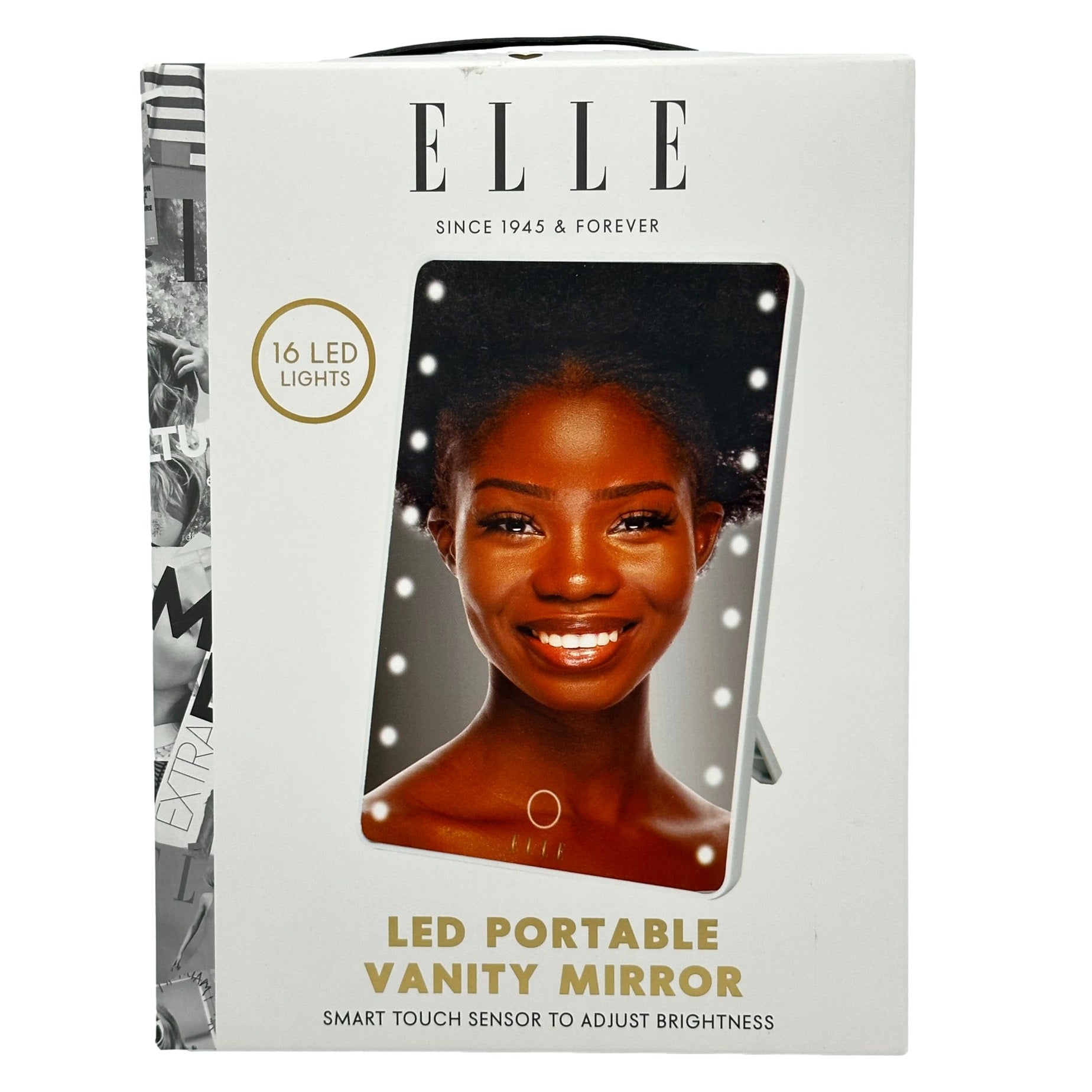 Box of an Elle LED portable vanity mirror, featuring a smiling woman in the mirror.